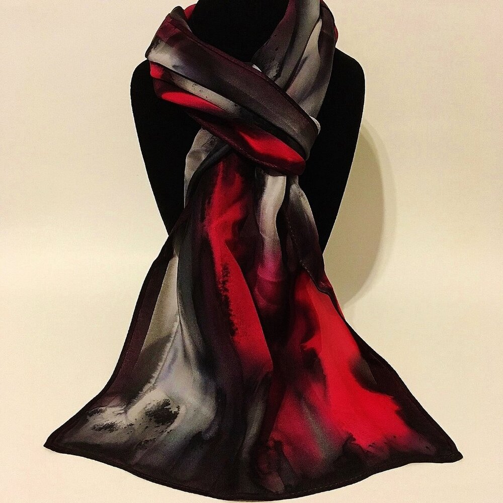 Hand Painted Silk Scarf Red Silver Black Women Hair Neck Wrap Rectangle Gift New
